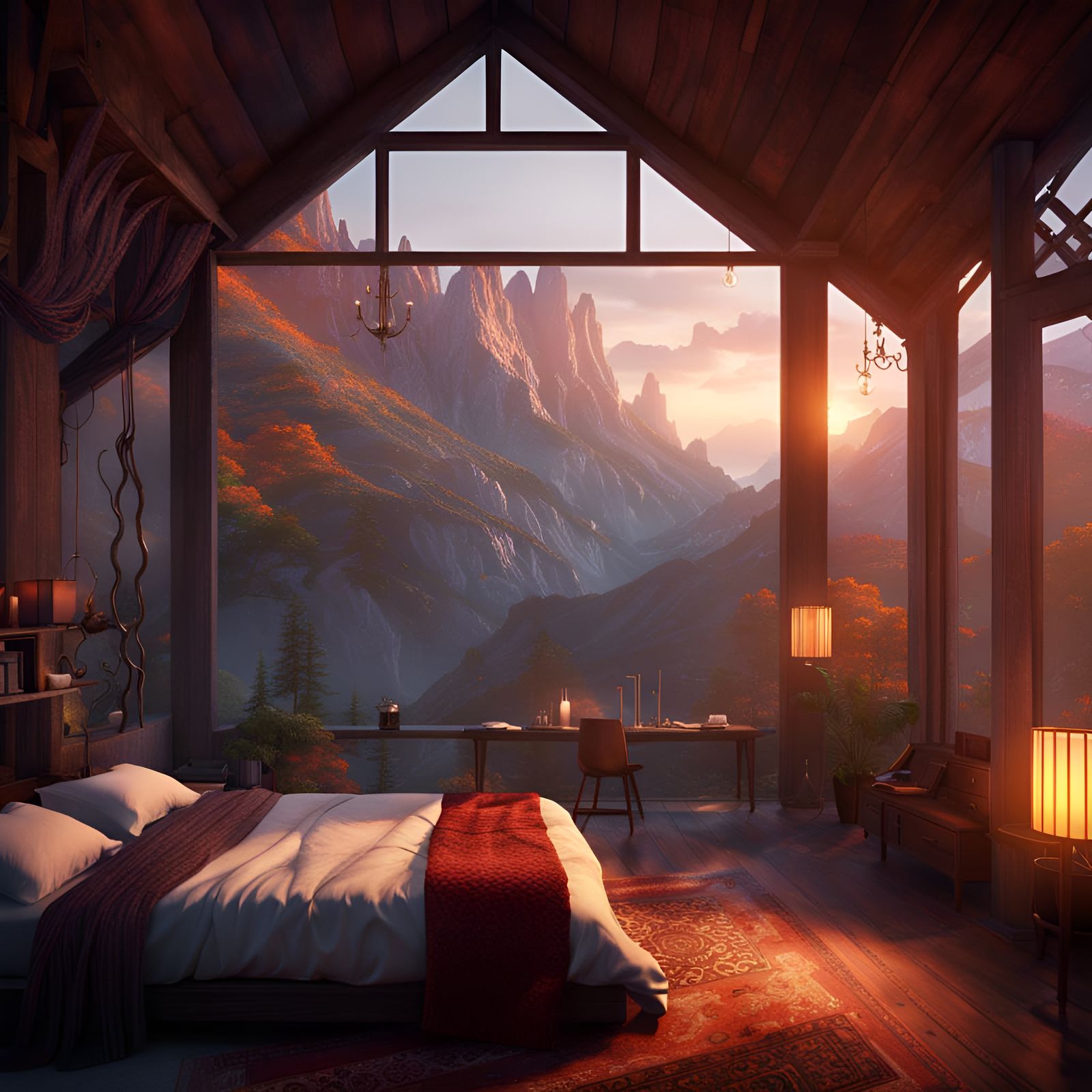 A bedroom in the beautiful mountains sunrise - AI Generated Artwork ...