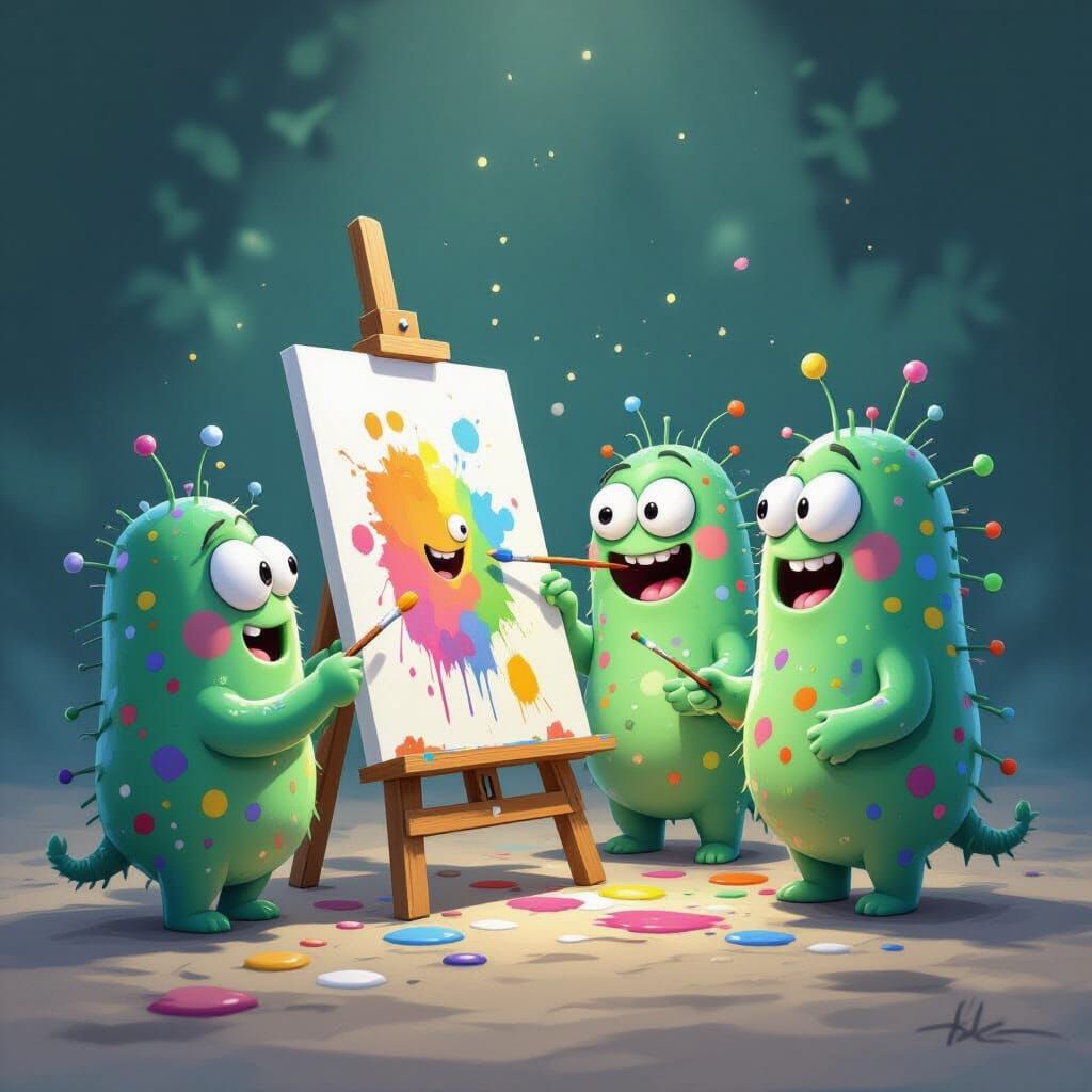 A group of bacteria, each with distinct goofy expressions, are gathered around a tiny easel, passionately ...  by @AI