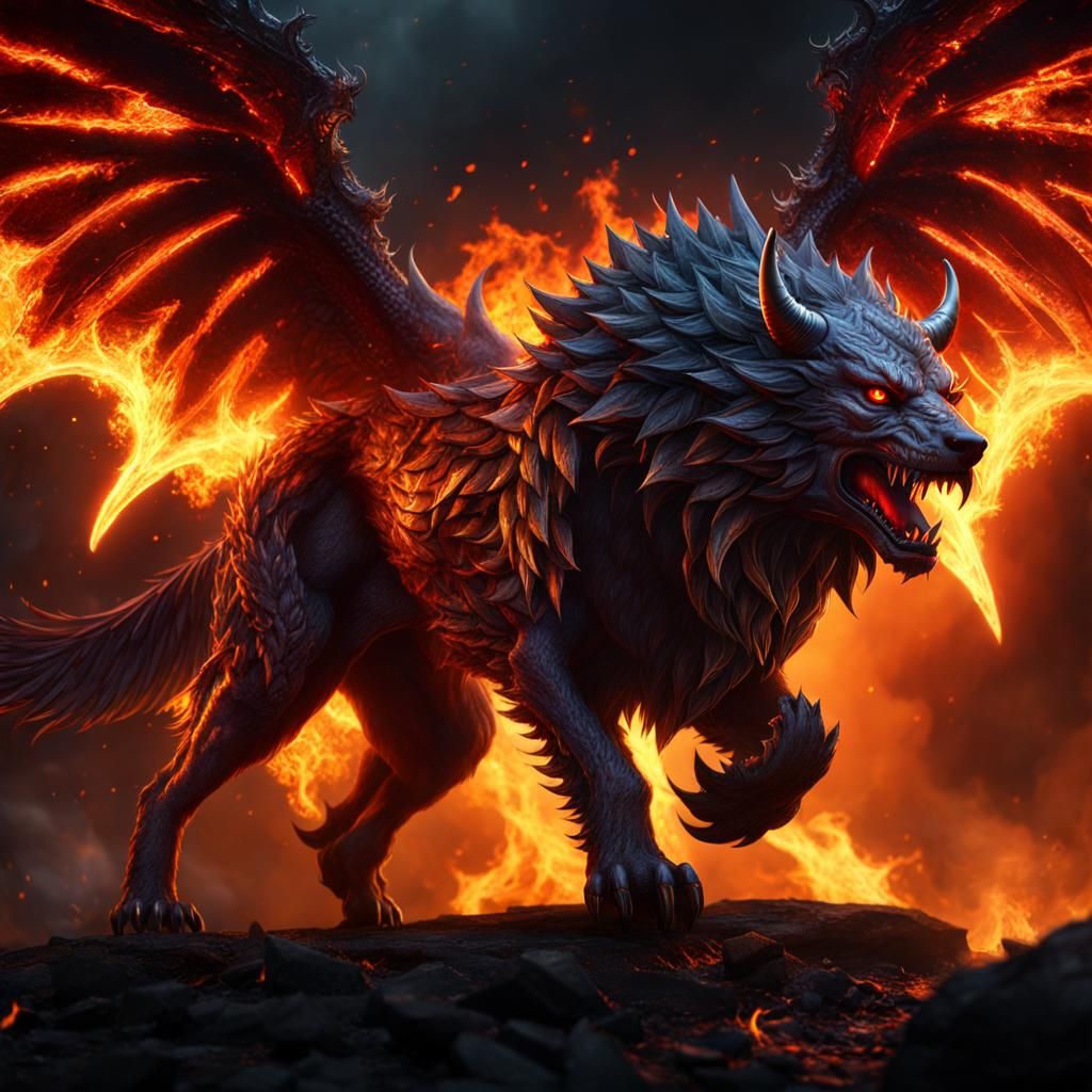 Dire wolf with demon wings and demon horns breathing fire - AI ...