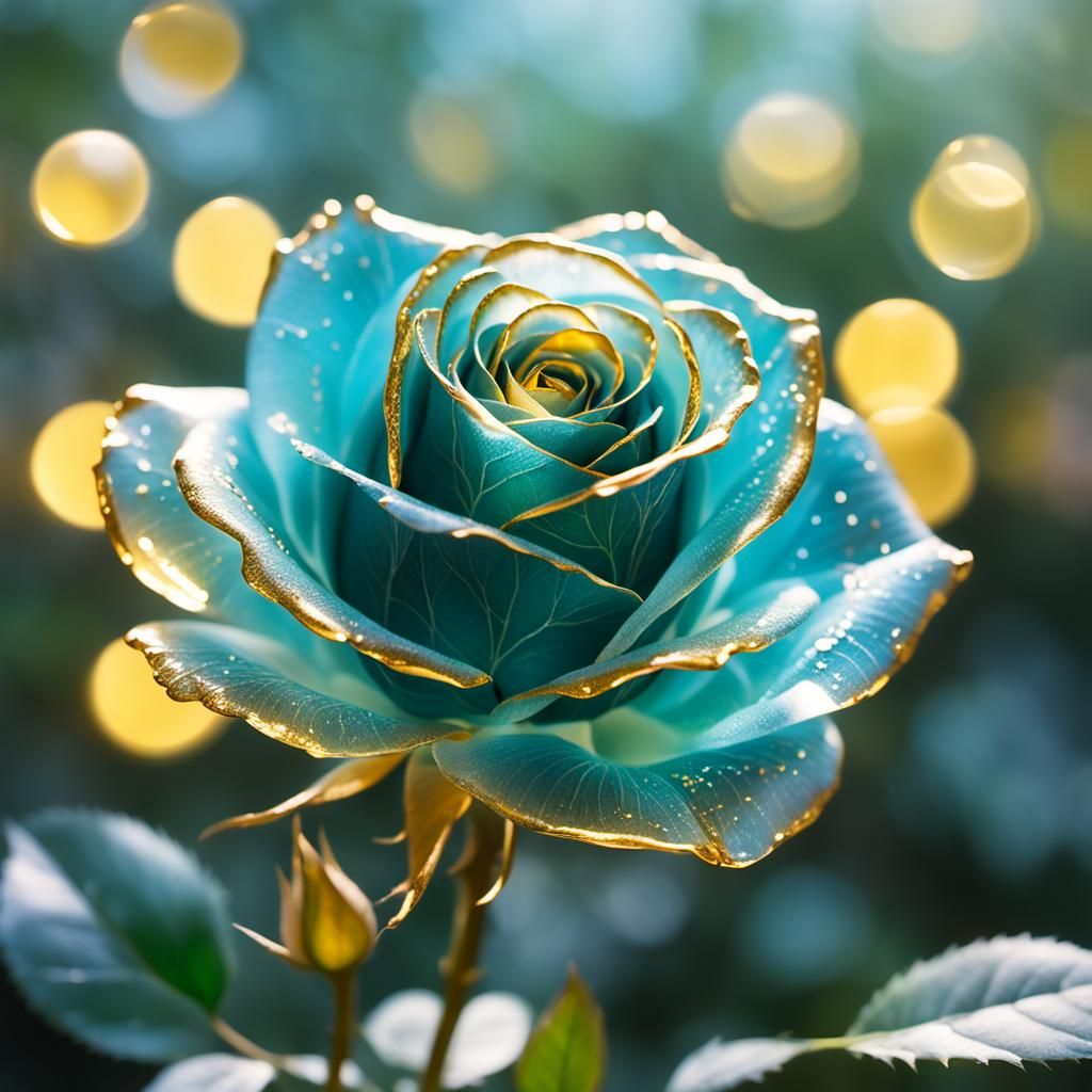 Shiny turquoise rose made of transparent glass tipped in gold  by @SunnySkies 