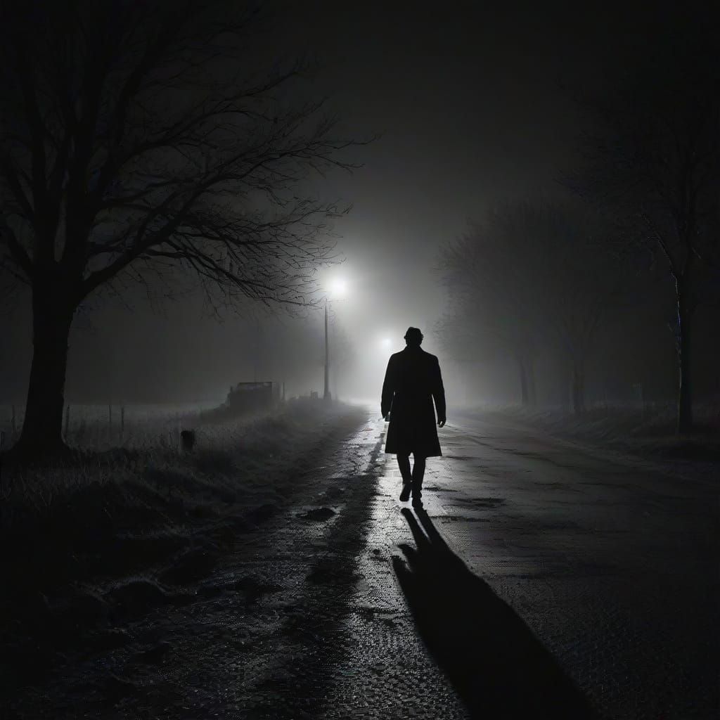 "A noir-style cinematic scene, a man in a long trench coat and fedora hat walks alone at night on an empty rural road, holding a flashlight ...