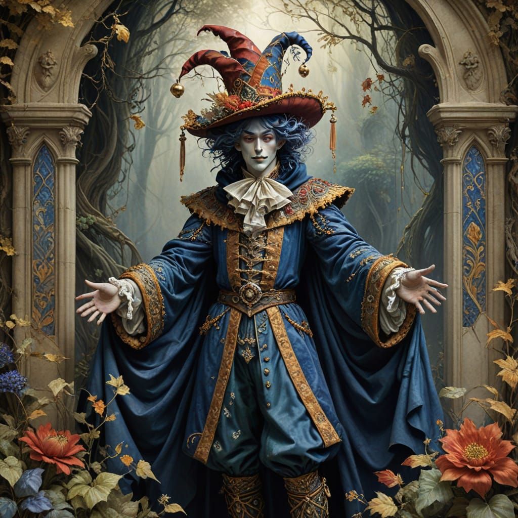 Colorful jester, playing in front of the king & queen & their court  by @Kata Lianna Tanaii