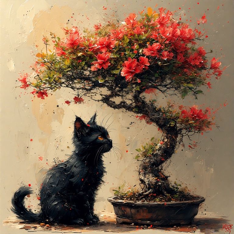Black cat with bonsai