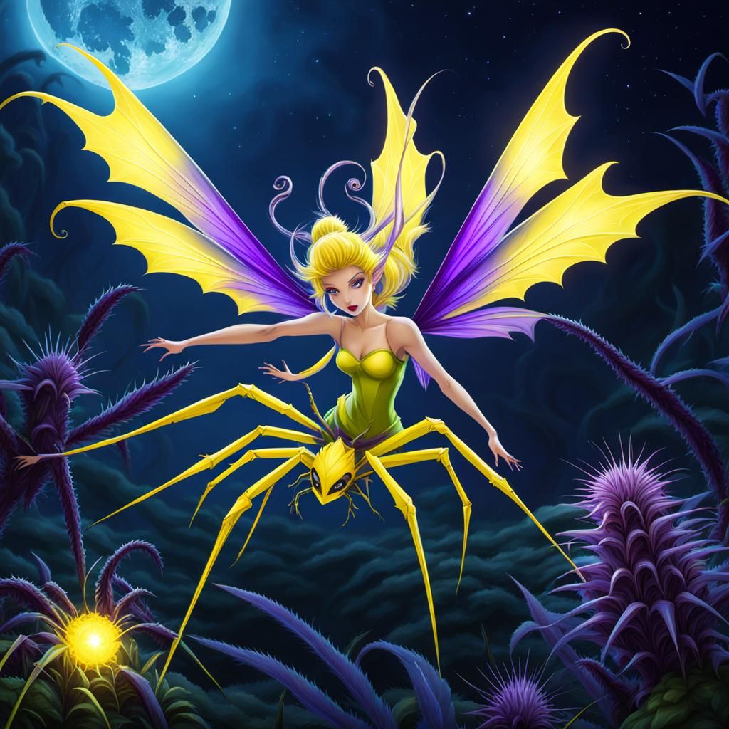 bioluminescent yellow and violet fairy flying above a spiked...