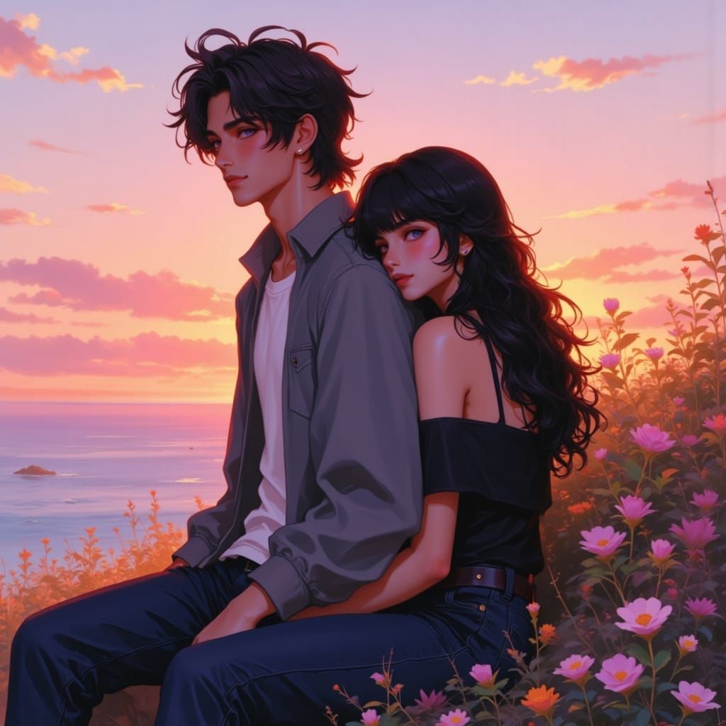 Serene Young Lovers in a Sunset Cliffside Garden