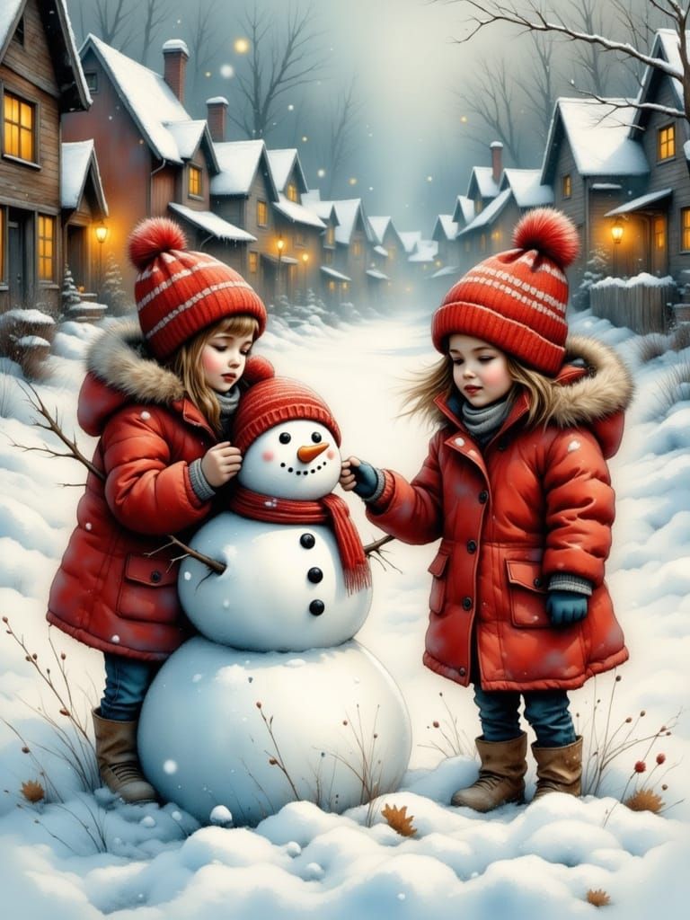 Children Build Snowman in Snowy Village