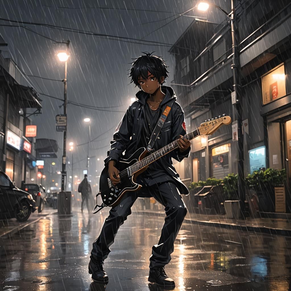 Black boy playing electric guitar in rain at night
