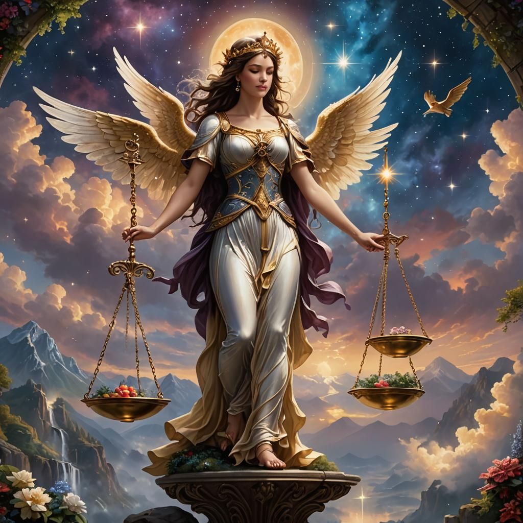 Libra: A balanced scale held by a blindfolded, winged figure...