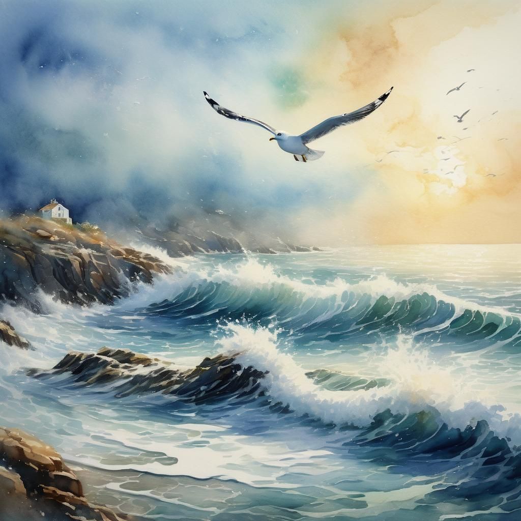Seagull Soaring on Summer Coast, Watercolor Painting