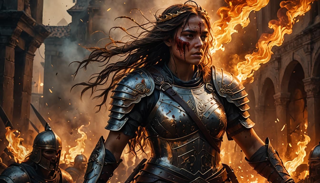 Female Gladiator in Fiery Arena: Hyperrealistic Splash Art