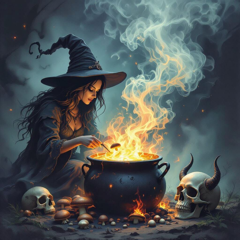 Make the cauldron bubble and the witch, moving slightly, adding mushrooms to the cauldron and smoke, twirling from her mouth enhancing the d...