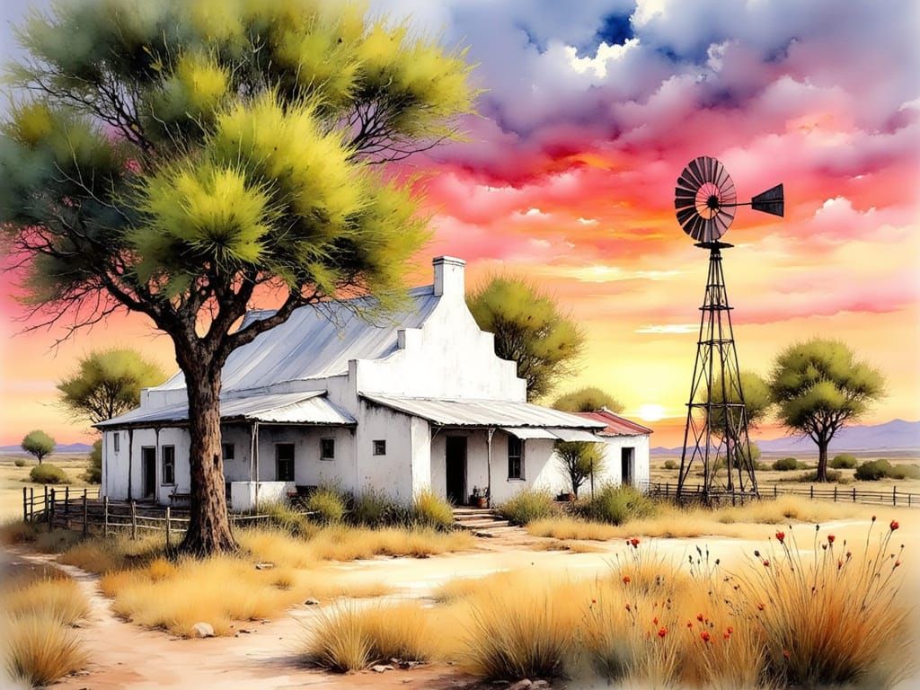 <lora:Africa - Karoo:1.2><lora:Ink Poet:1.0>Painterly wet-in-wet ink painting of a Karoo landscape with a white lime washed Cape Dutch gable...