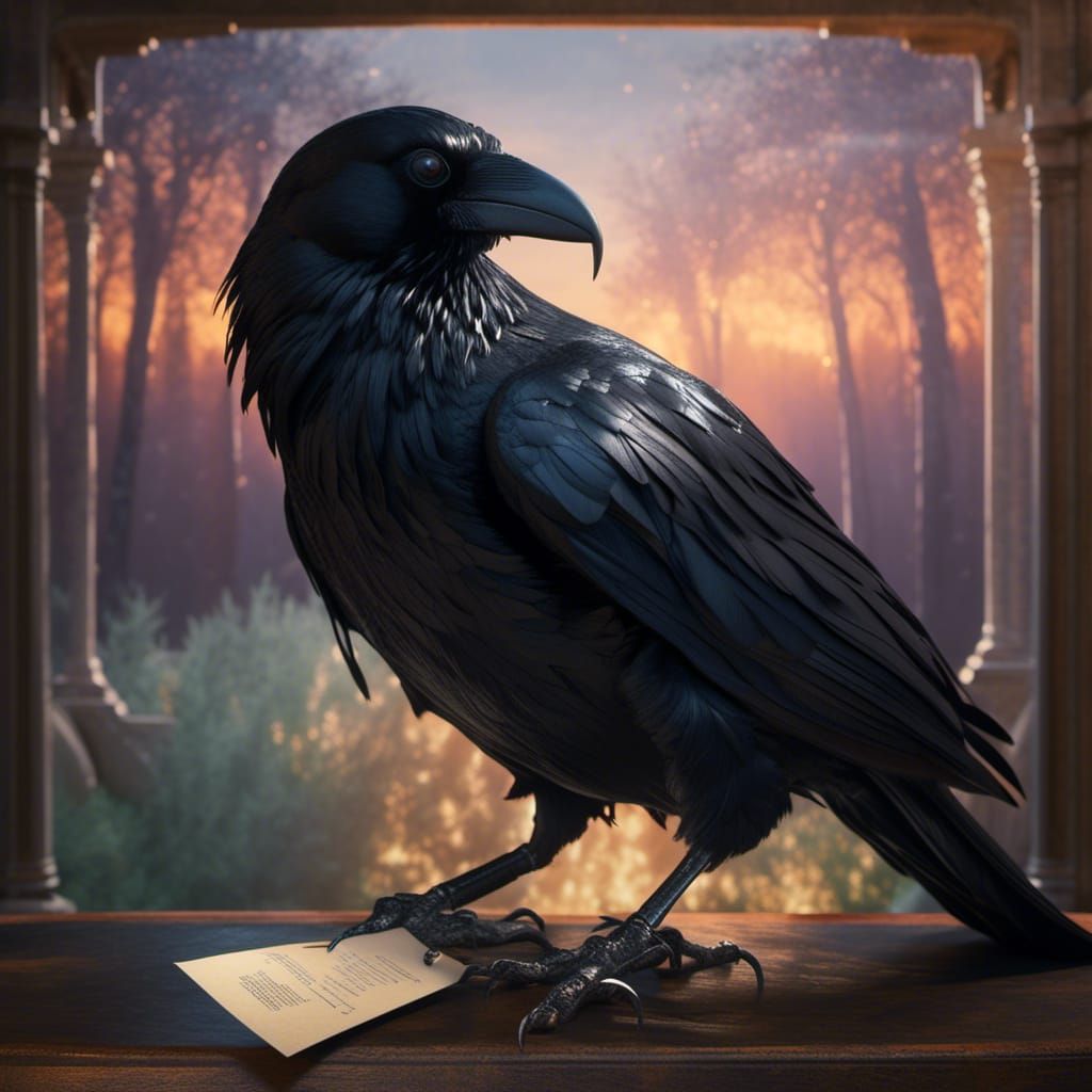 A majestic  richly detailed black raven clutching a sealed l...