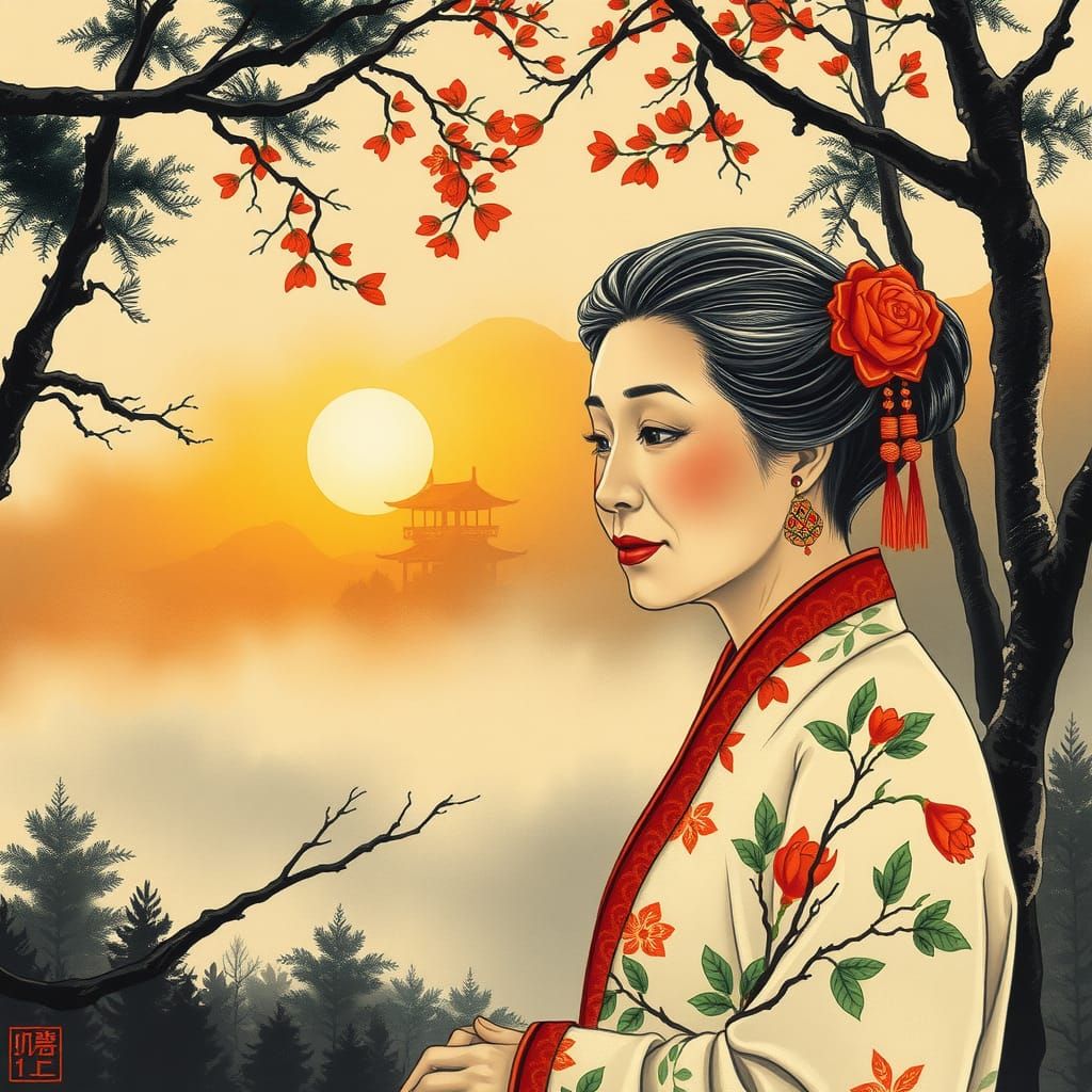 Asian Brush Painting of Woman in Forest at Sunrise
