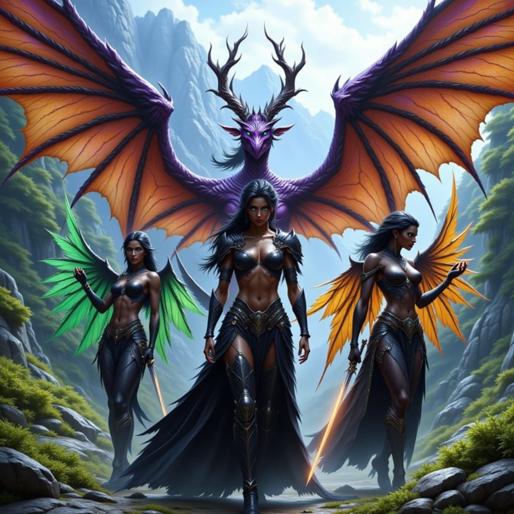 <lora:Hyperrealism Loves U:1.0> <lora:HyperRealistic Wings:1.0> A futuristic female orc warrior with greenish wings, wearing sleek black arm...