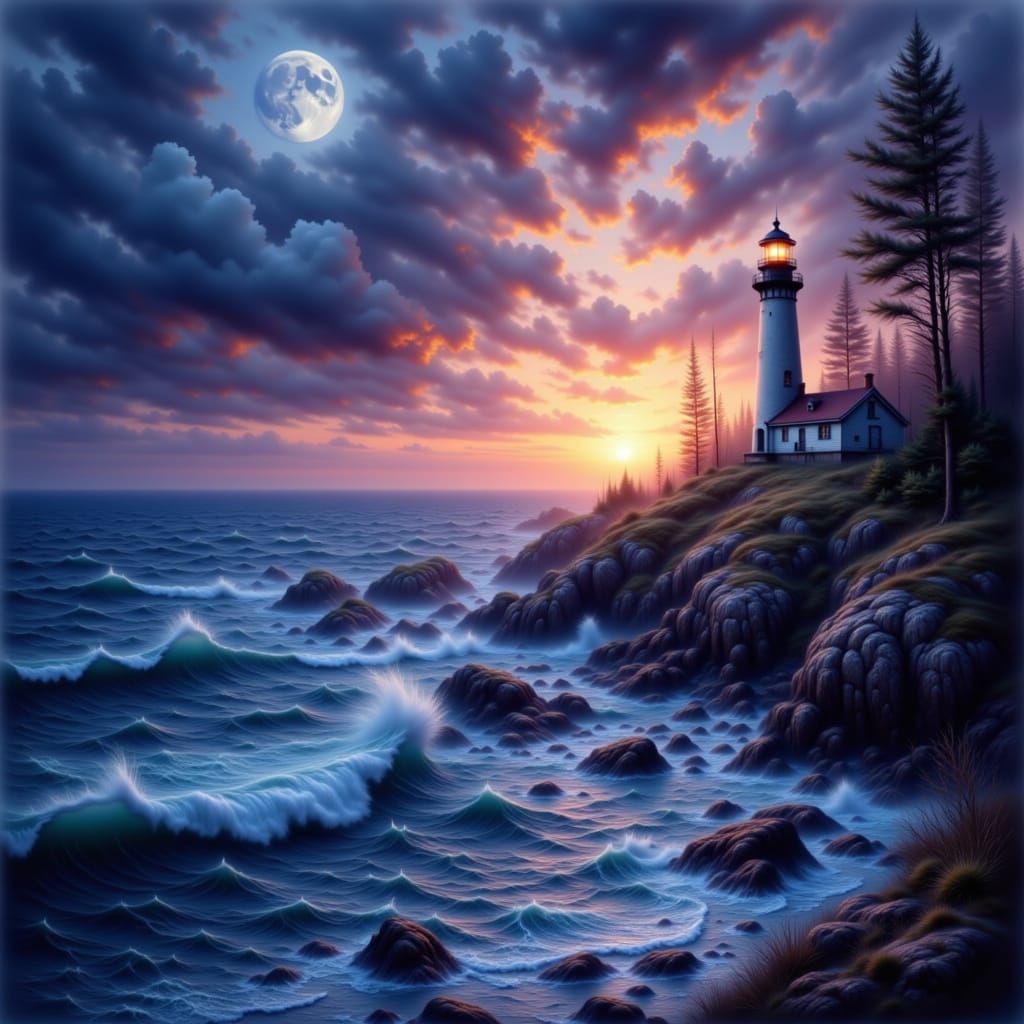 Majestic Lighthouse at Twilight in Dramatic Oil Painting Sty...