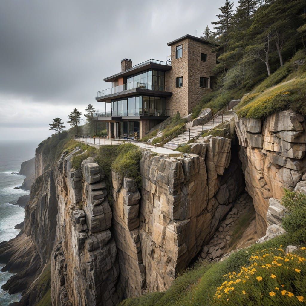 Cliffside Mansion: Dramatic Oil Painting