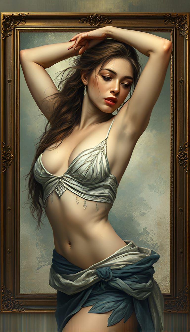 A young woman in a dynamic pose explaining an artistic portr...