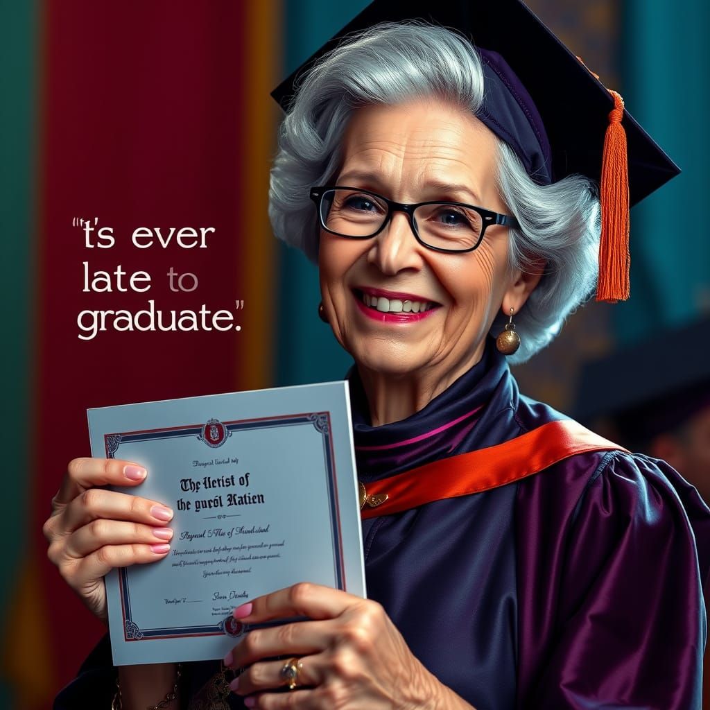 An older woman with the phrase It's never too late to graduate, re-uploading her graduation diploma.  by @esmir