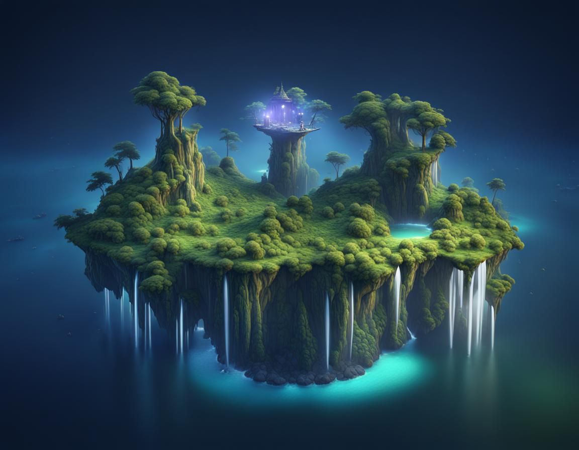 a beautiful floating island with lush forest