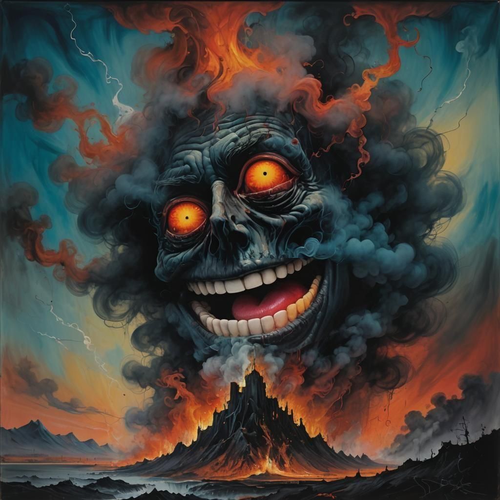 Emoji smily face melting formed out of the smoke face screaming