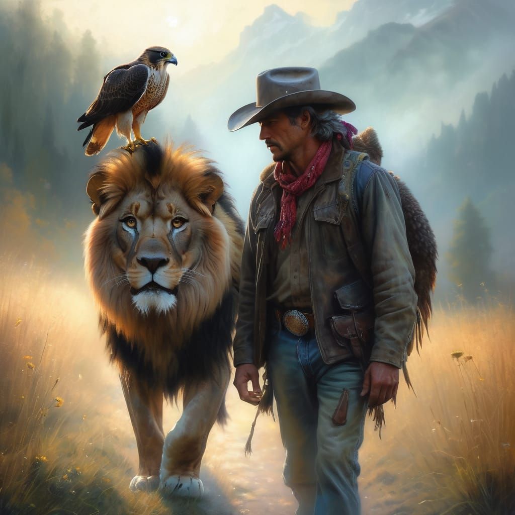 A man with a falcon on his shoulder