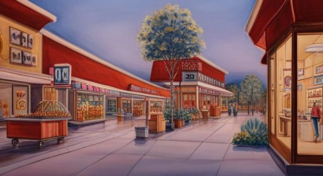 1960's outdoor, two story shopping mall on a late afternoon in autumn. The buildings are cerulian stucco. The stores have plate glass windo...