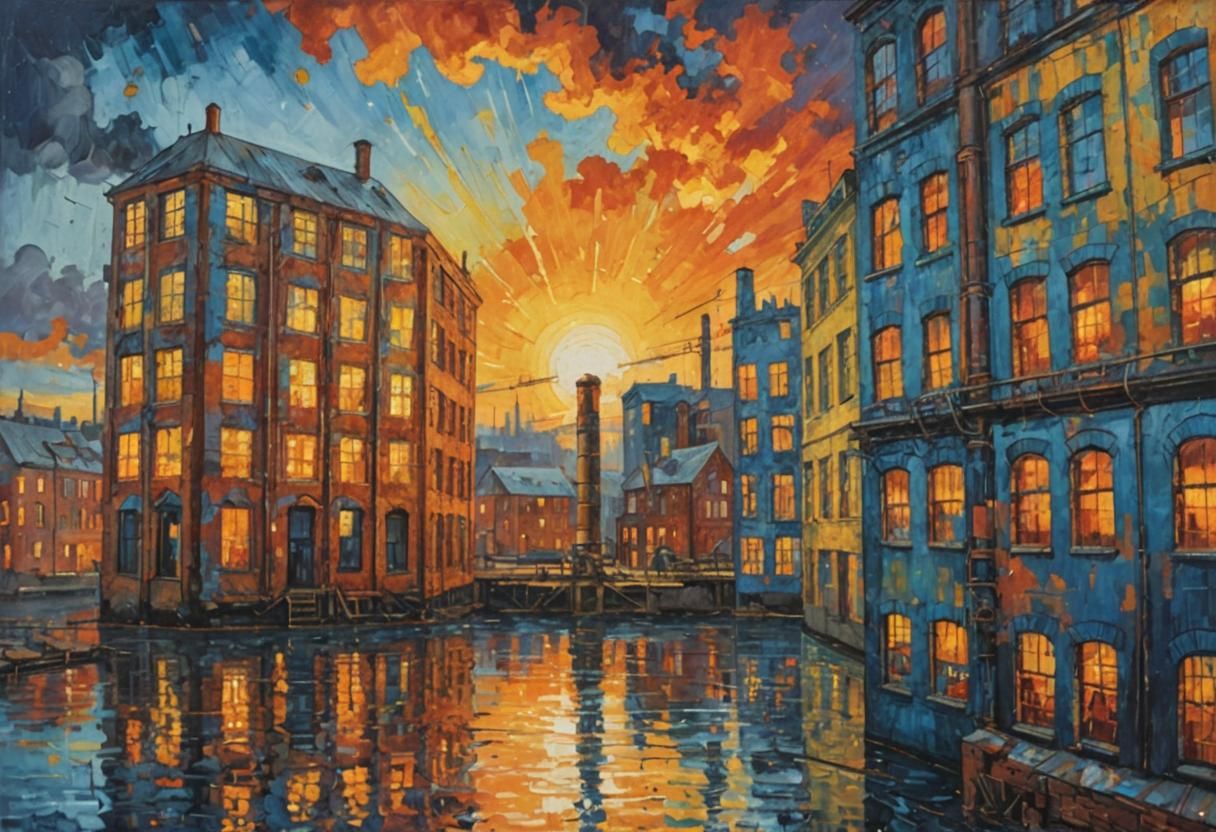 Vibrant, abstract painting featuring a industrial landscape ...