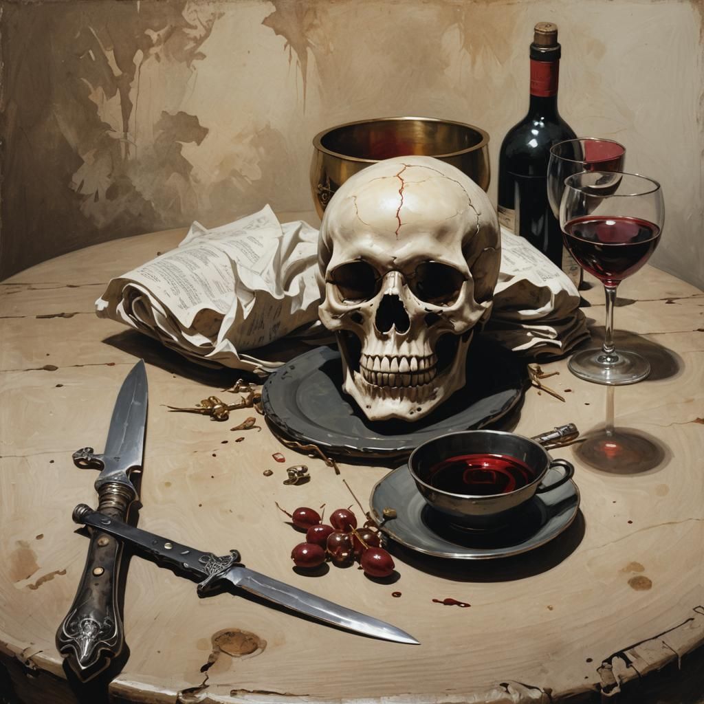 a skull on a table along side a dagger and wine cup