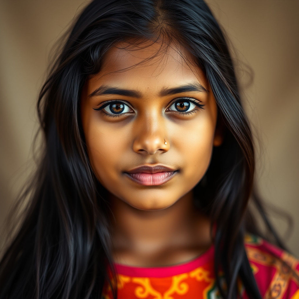 Indian girl with crop top and dark long hair with nose pierc...
