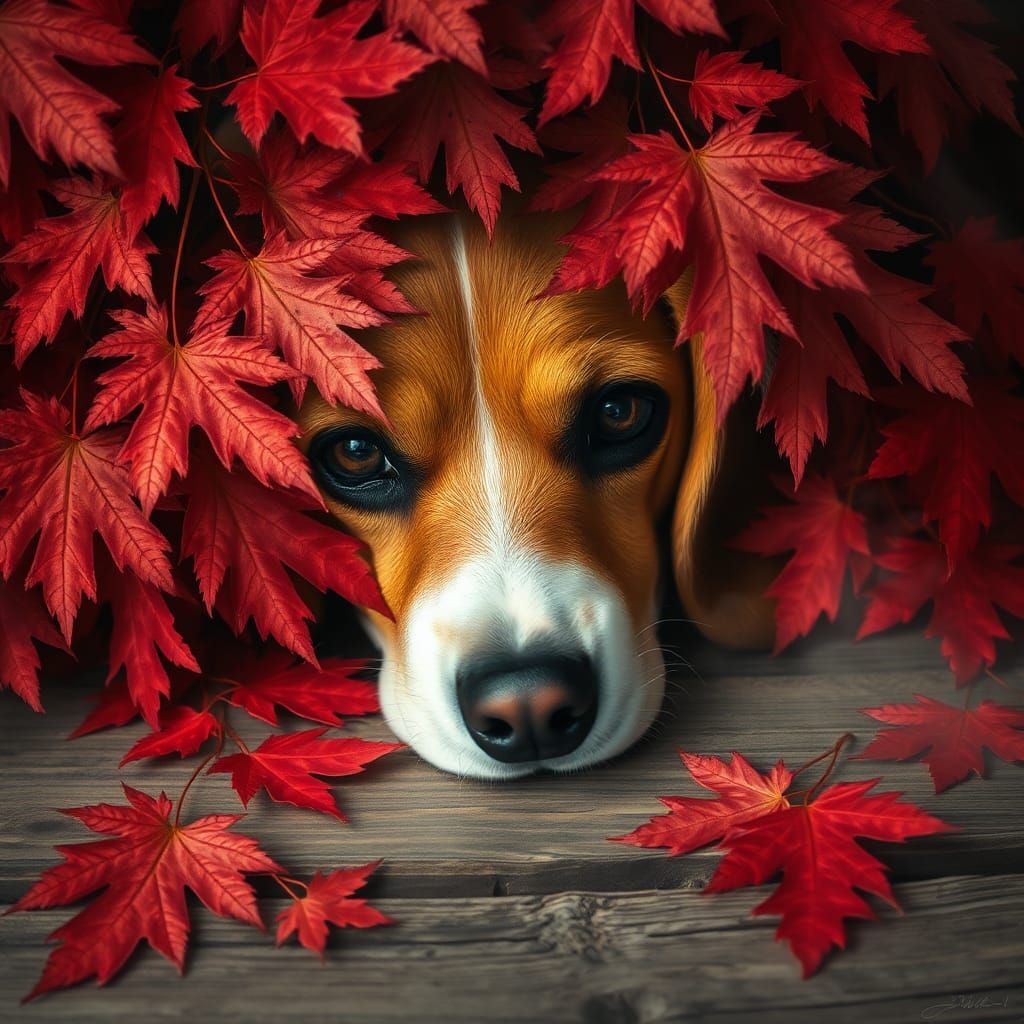 close-up of reddened oak leaves, half of a curious beagle's head is visible underneath them  by @Barabashka