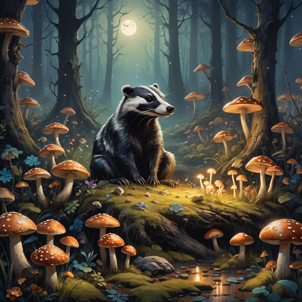 Mystical Badger in Bioluminescent Forest, Oil Painting