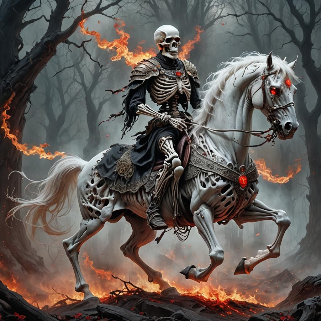 A Skeleton wraith riding on the back of a white ghost horse with red ...