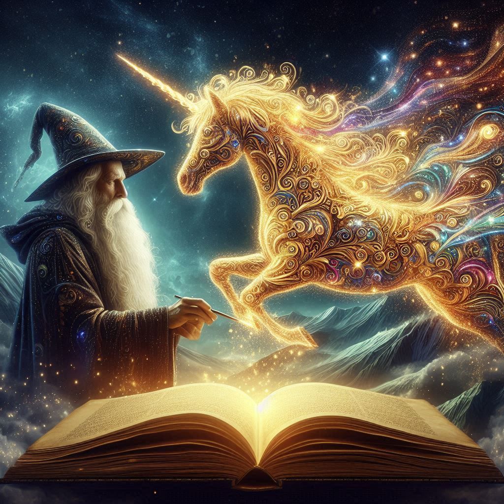 wizard creating a unicorn with magic