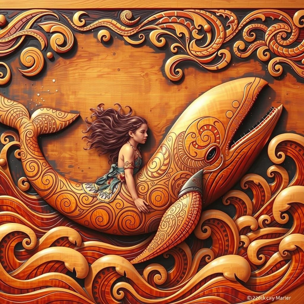 Paikea in wood - Maori Child Rides Majestic Whale in Polishe...