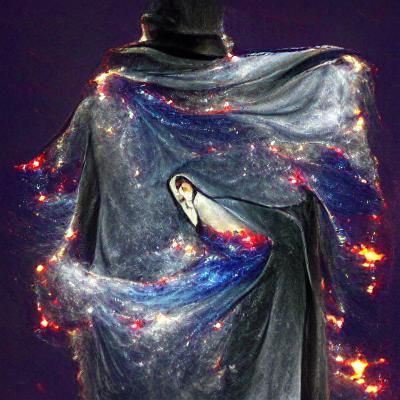 a man made of galaxies wears an elegant cloak