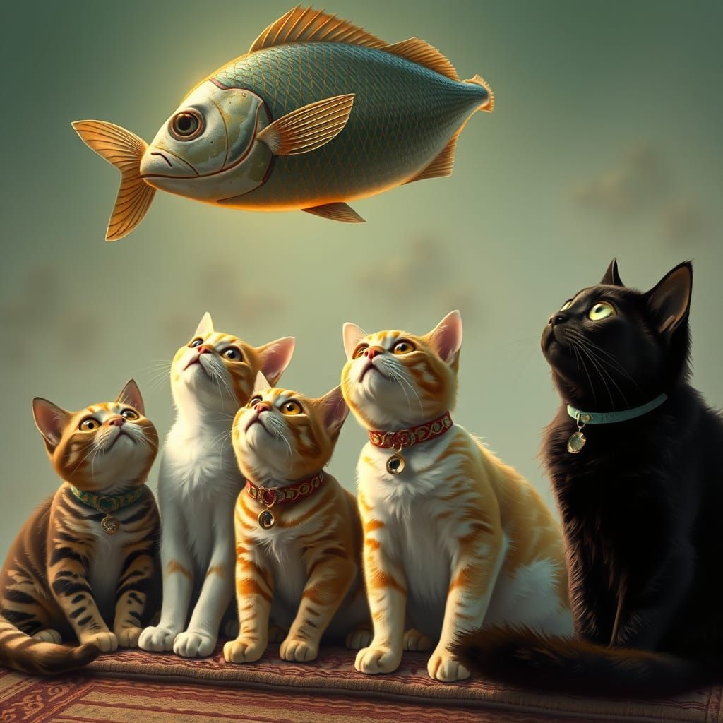 Several cats sit in a row staring intensely at the amazing floating fish high above them