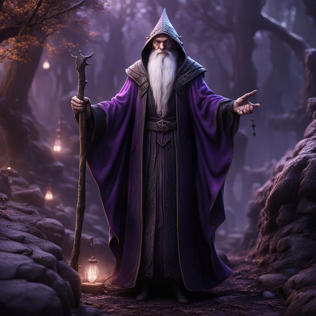 An old elf in a black and purple wizard robe