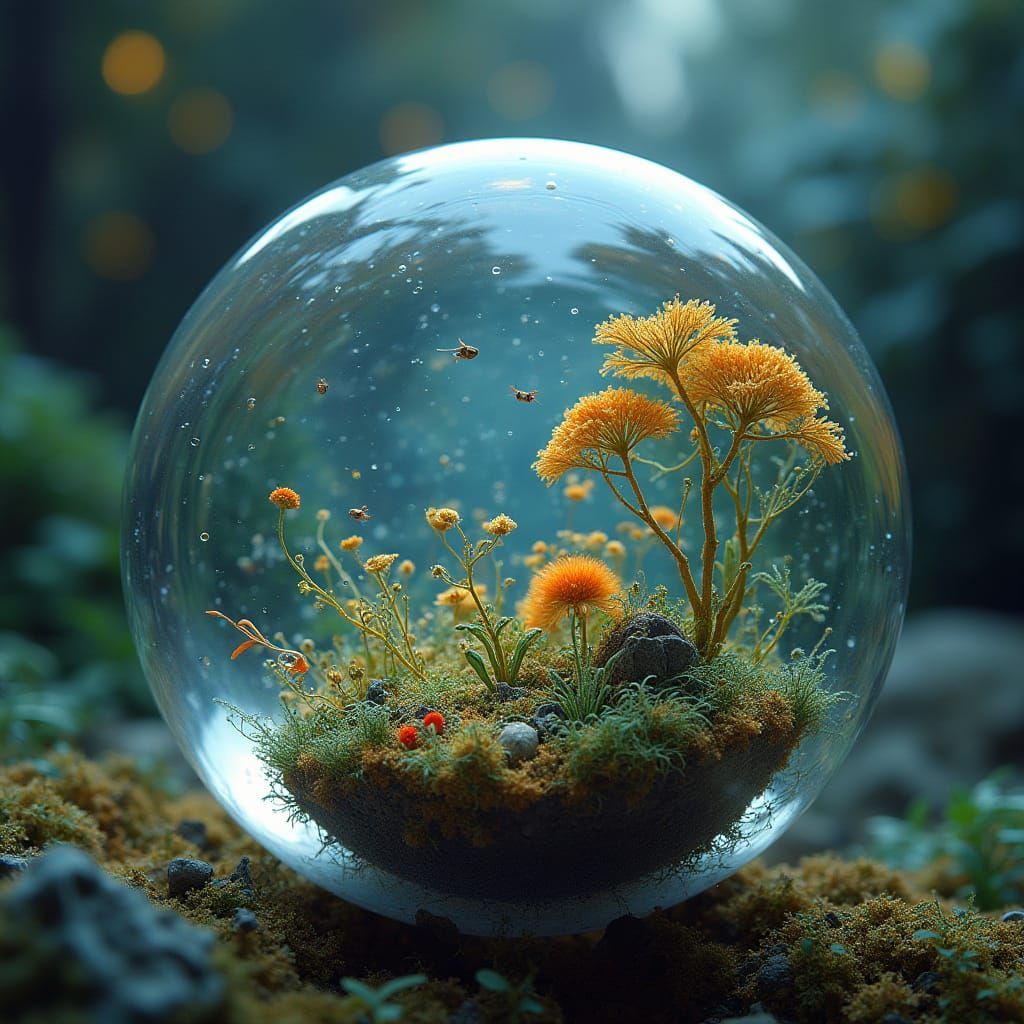 Intricate Aquatic World Within a Glowing Water Droplet