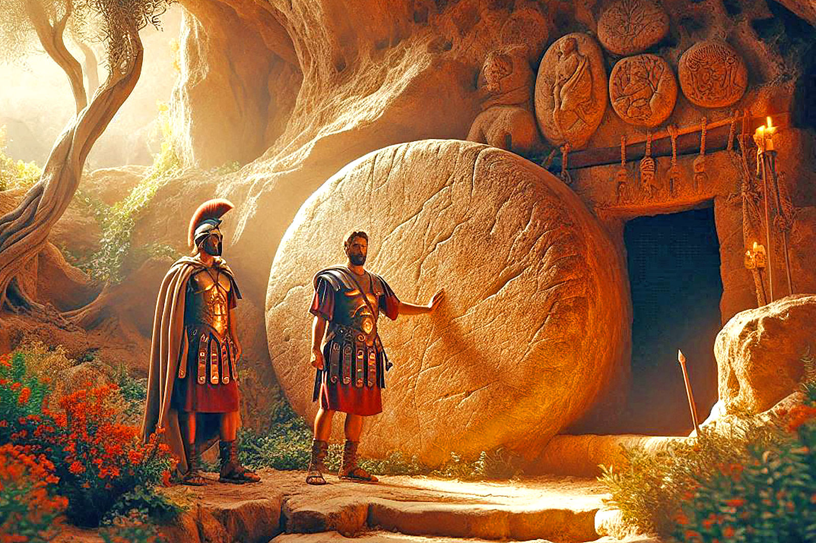 Soldiers sealing and guarding Jesus' tomb