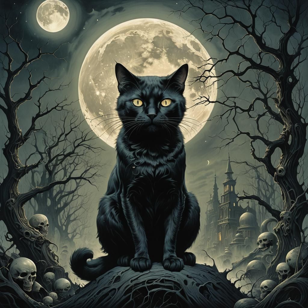 Black cat under a full moon.  by @Nina Camplin