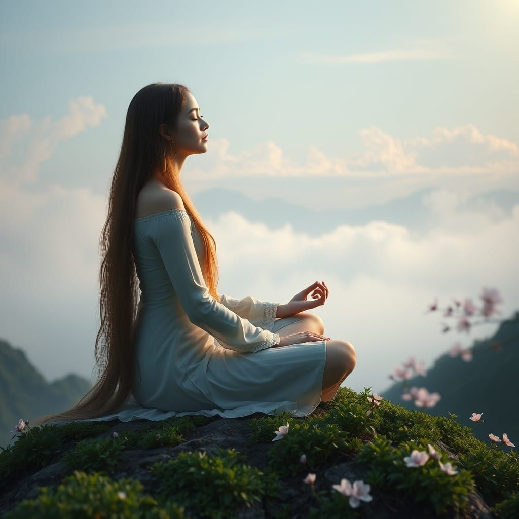 Serene Mystic Contemplates the Cosmos on a Misty Mountain Pe...