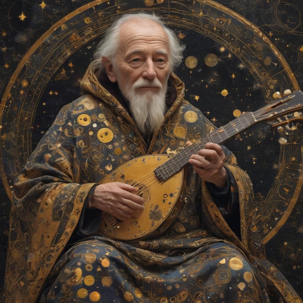 An elderly male Starlight Bard with intricate math art patte...