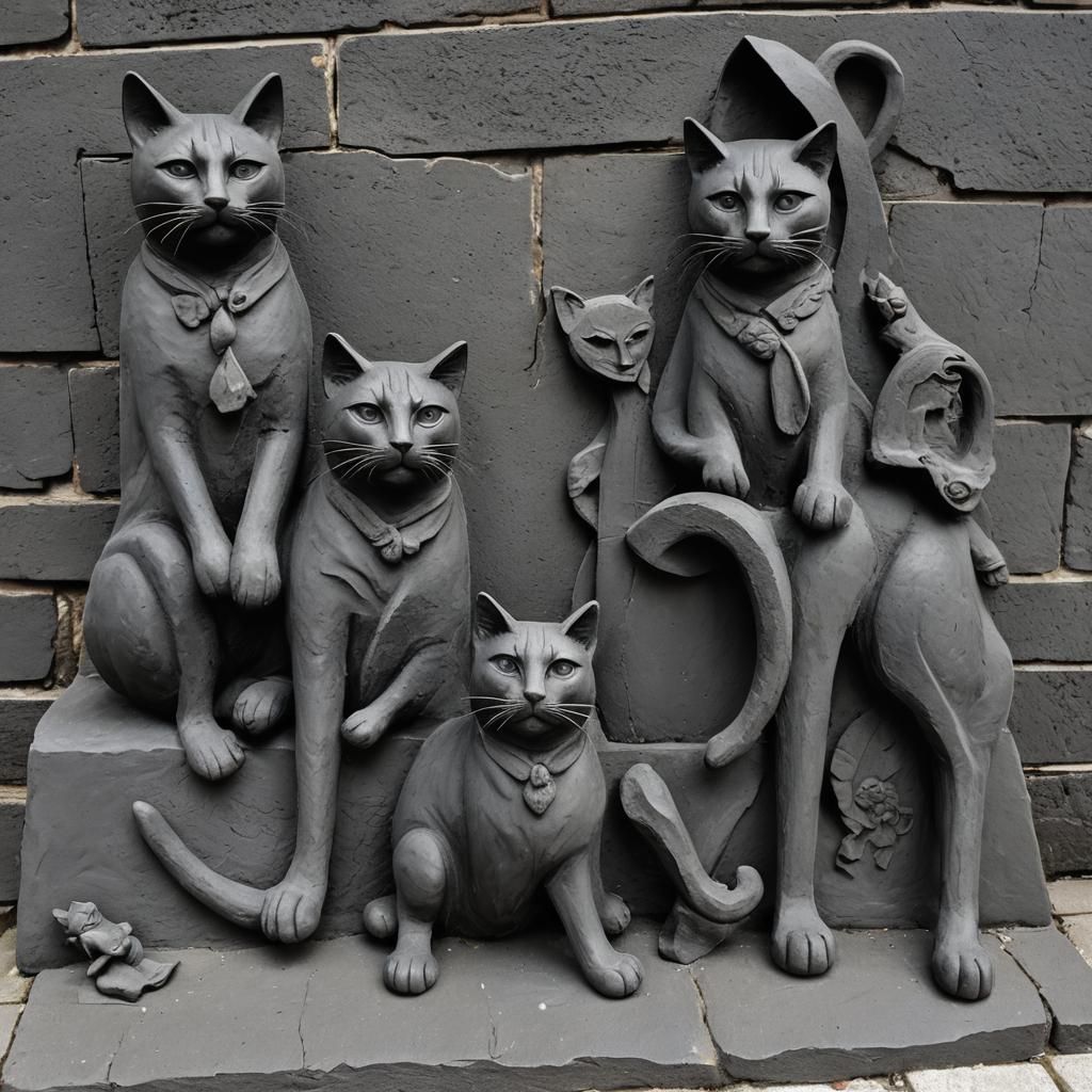 Detailed Clay Art: Two Black Cats in Town