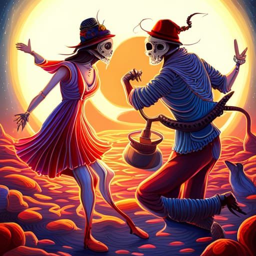 Skeleton Man and woman in bright festive clothing dancing ar...
