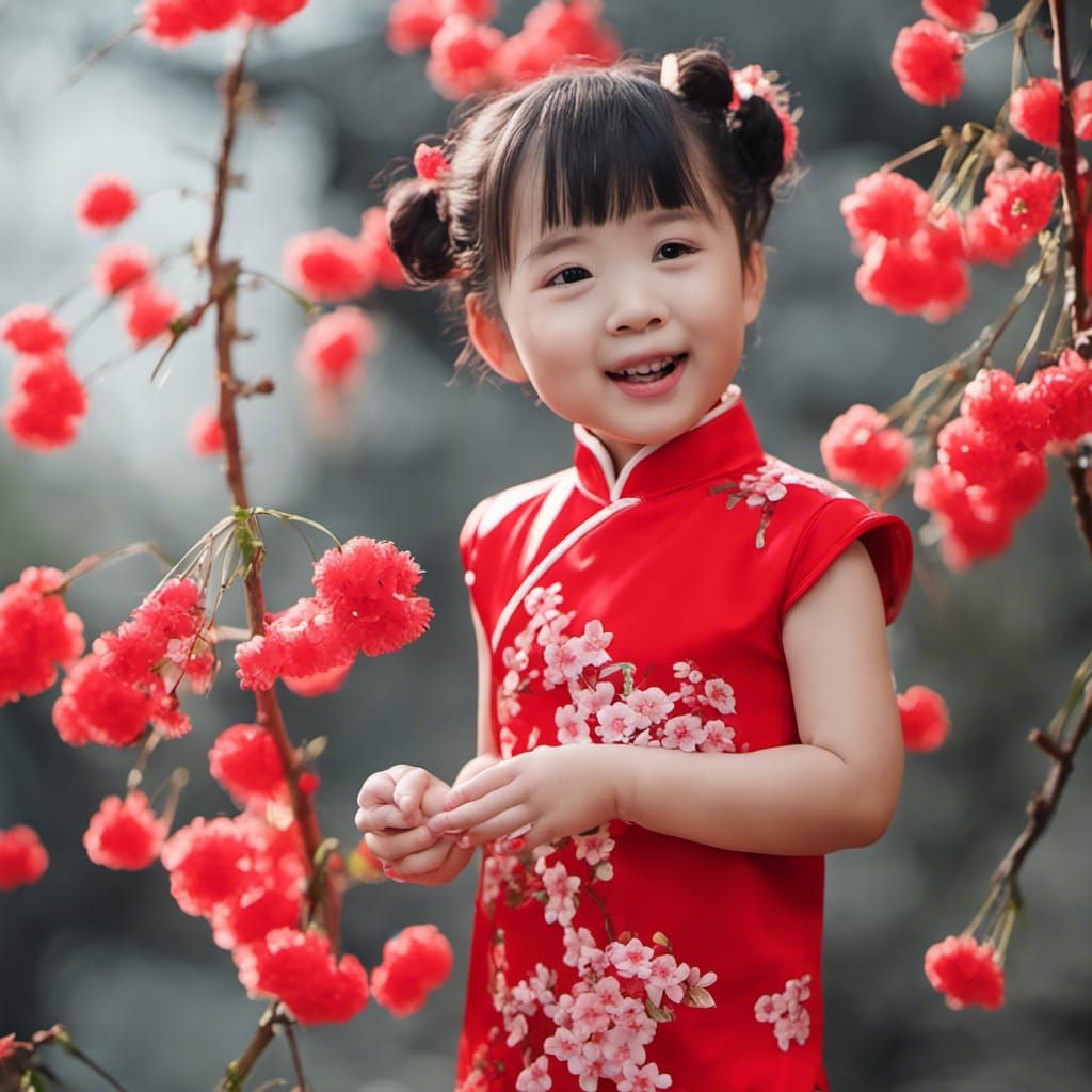 Chinese toddler red qipao cherry flowers