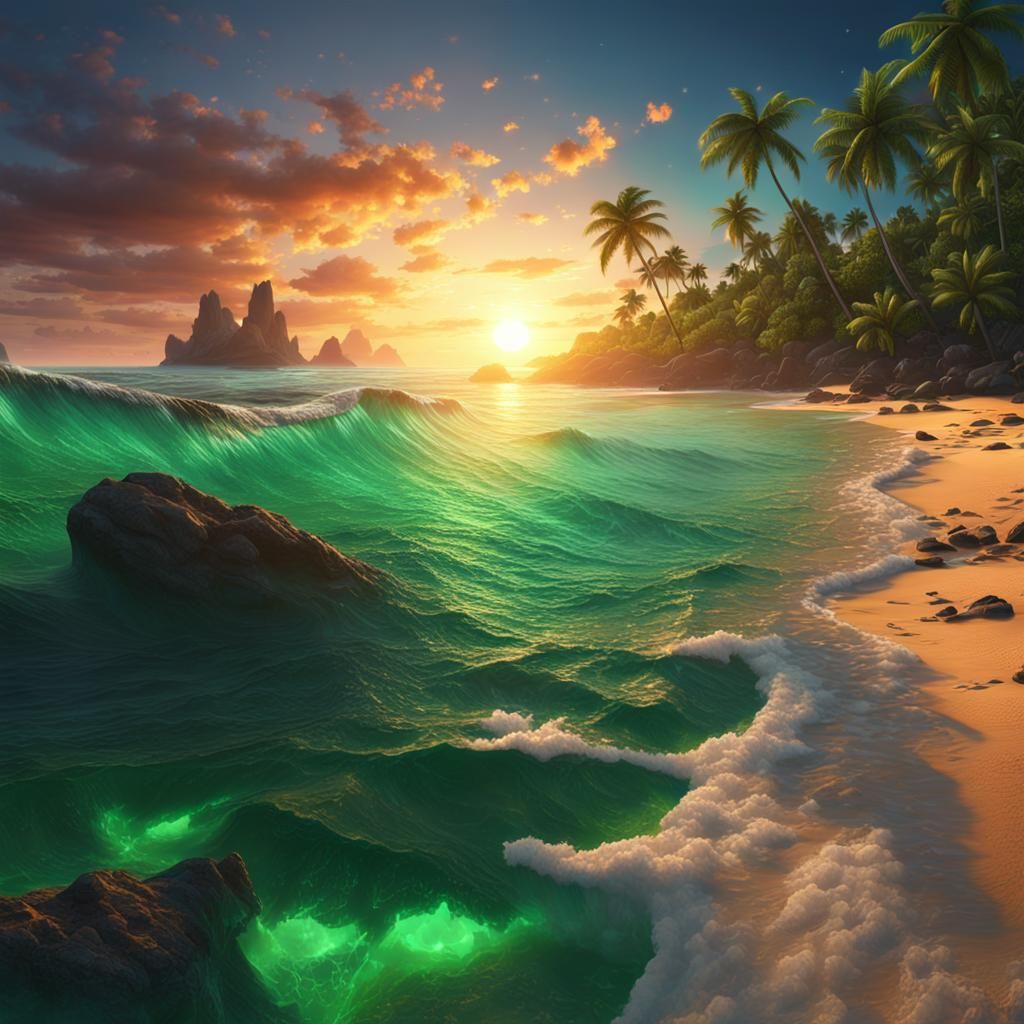 A Sun Set On A Tropical Beach Planet with Emerald Green Seas Epic cinematic brilliant stunning intricate ...  by @Ringking 1978