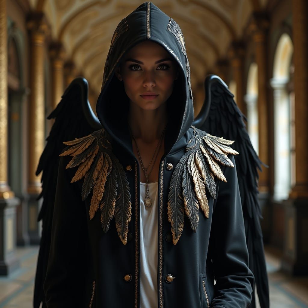 Winged Figure in Ornate Hall, Fantasy Fashion