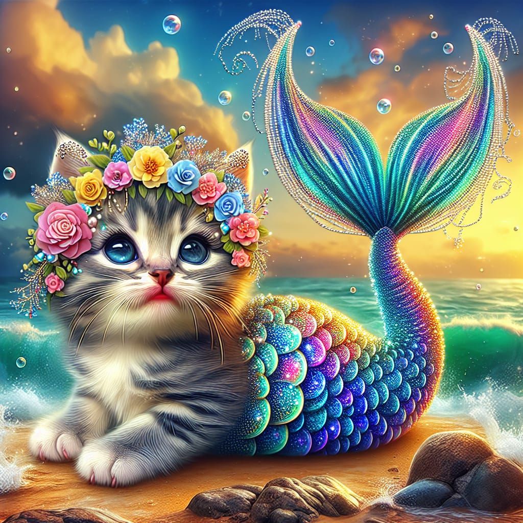 cute little cat as a mermaid with colorful sparkle mermaid t...