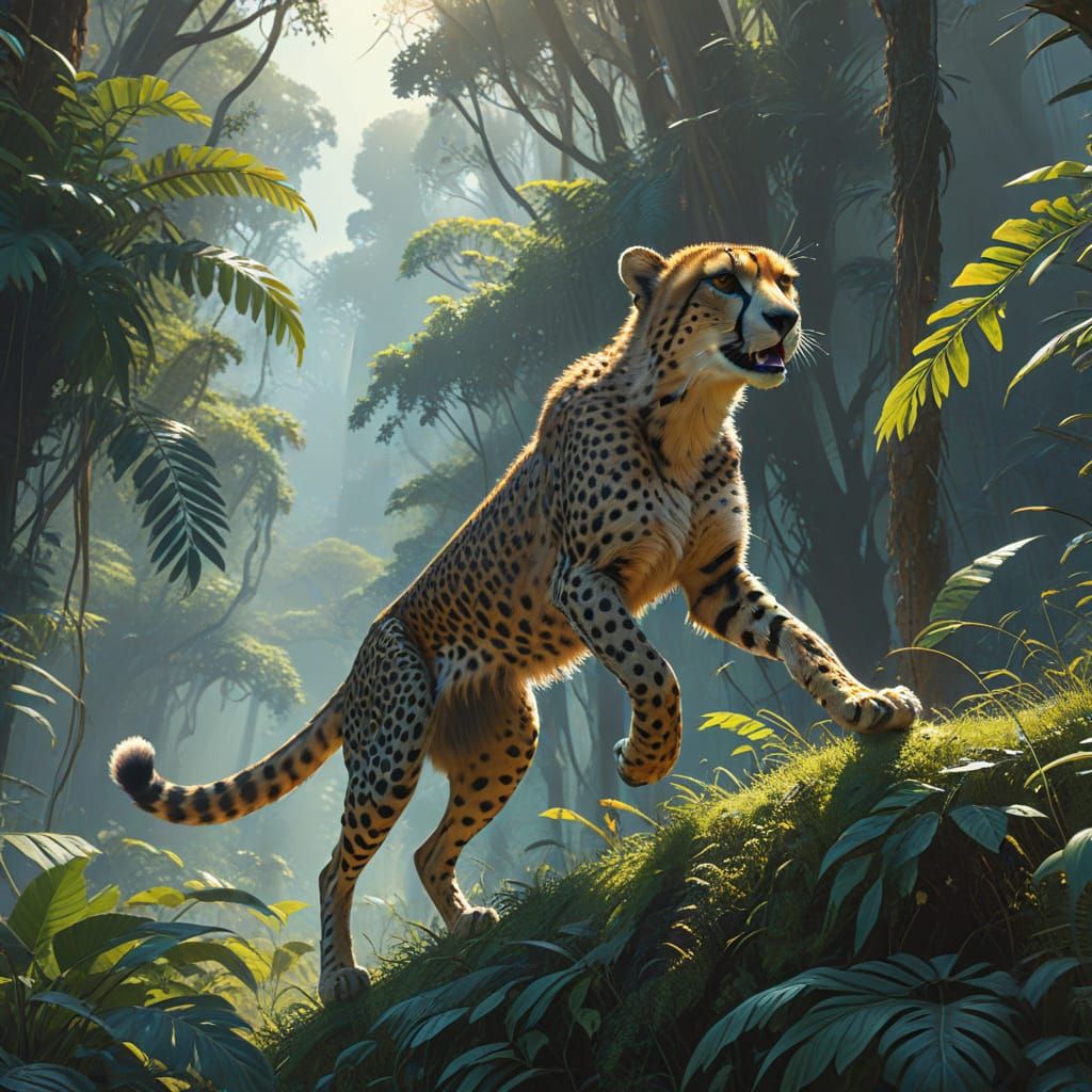 Majestic Cheetah Leaping in Vibrant Jungle, Digital Art